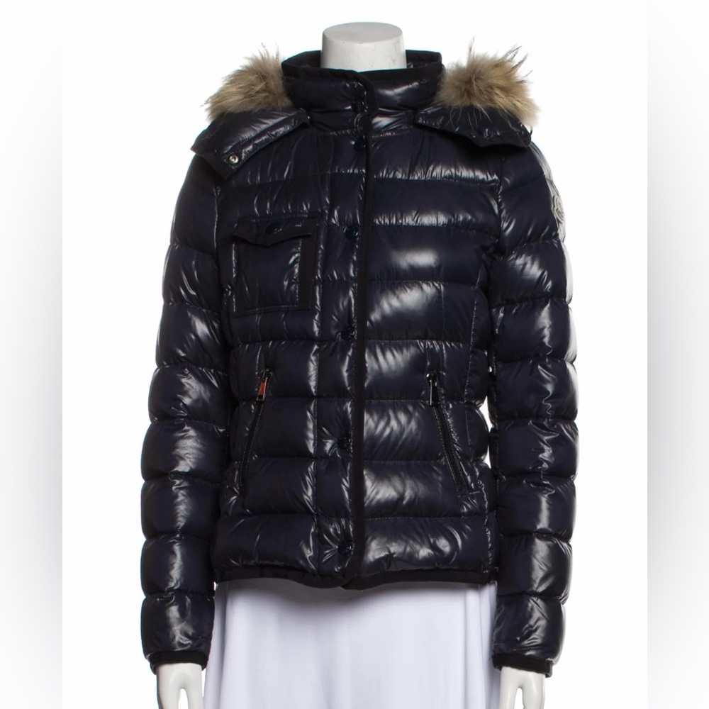 Moncler Navy Puffer Jacket with Fur Trim